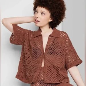 Wild Fable Brown Open Knit Crochet Button Down Shirt
